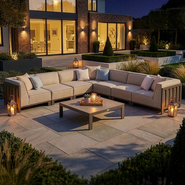 Ibiza Large Corner Garden Sofa Set - Coffee Table - Ceramic Top - Latte