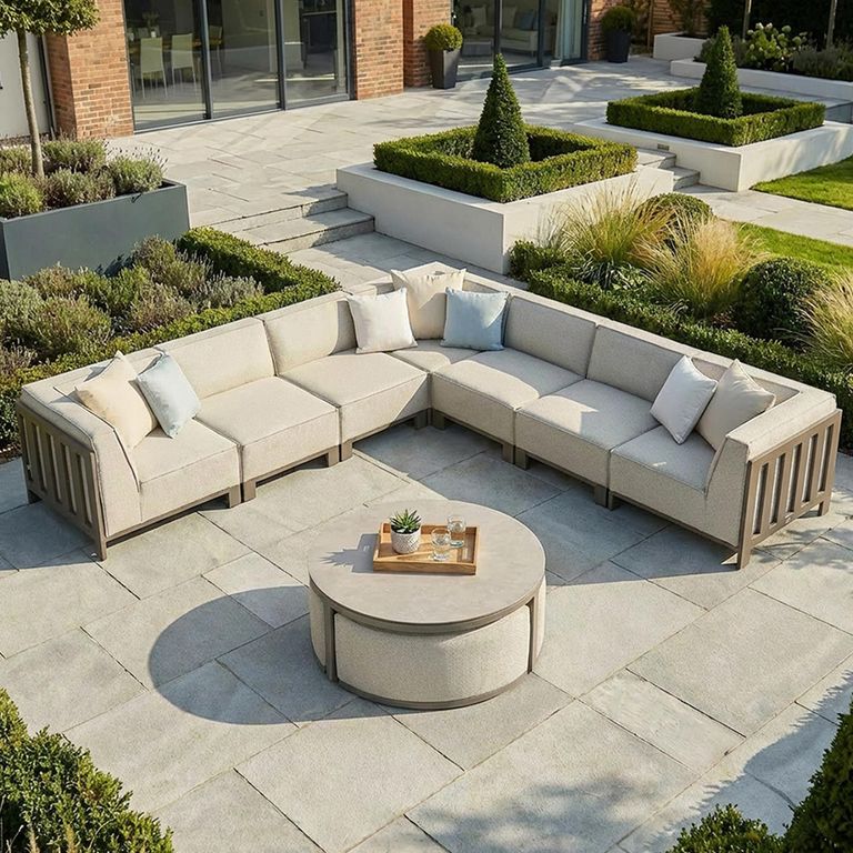 Ibiza Large Corner Garden Sofa Set - with Footstool - Coffee Table - Ceramic Top - Latte