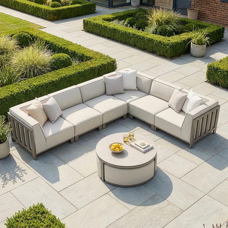 Ibiza Medium Corner Garden Sofa Set - with Footstool - Coffee Table - Ceramic Top - Latte