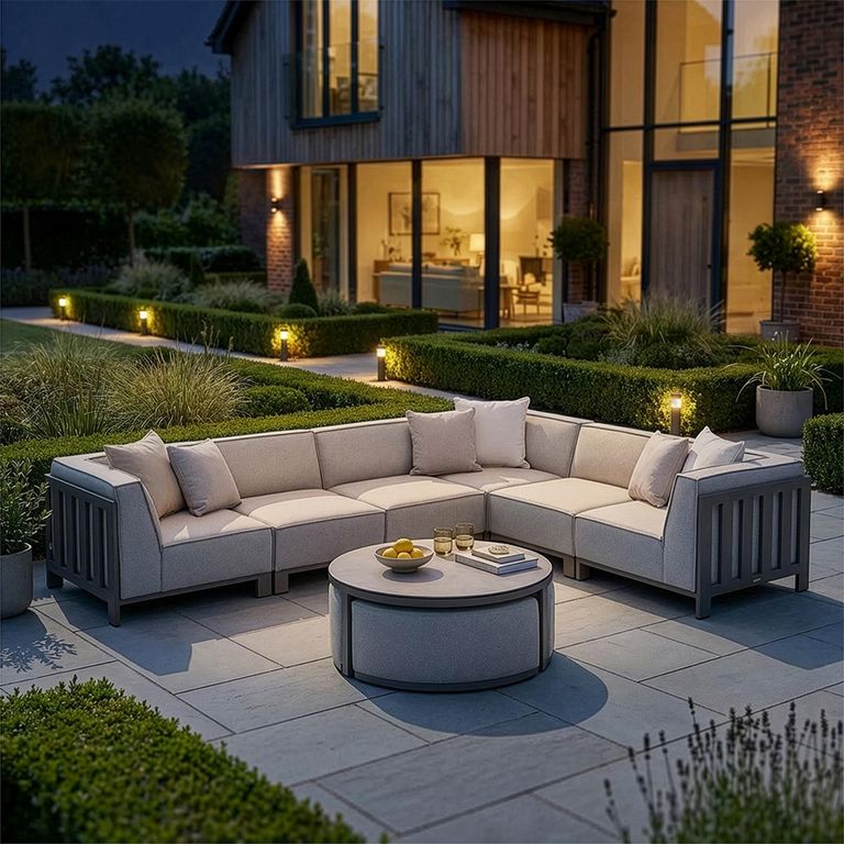 Ibiza Medium Corner Garden Sofa Set - with Footstool - Coffee Table - Ceramic Top - Latte