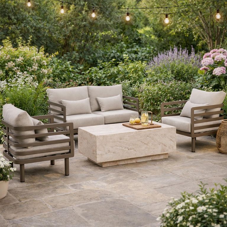 Metro Garden Sofa Set - 2 Seater - Coffee Table - Sintered Stone Top - Cafe