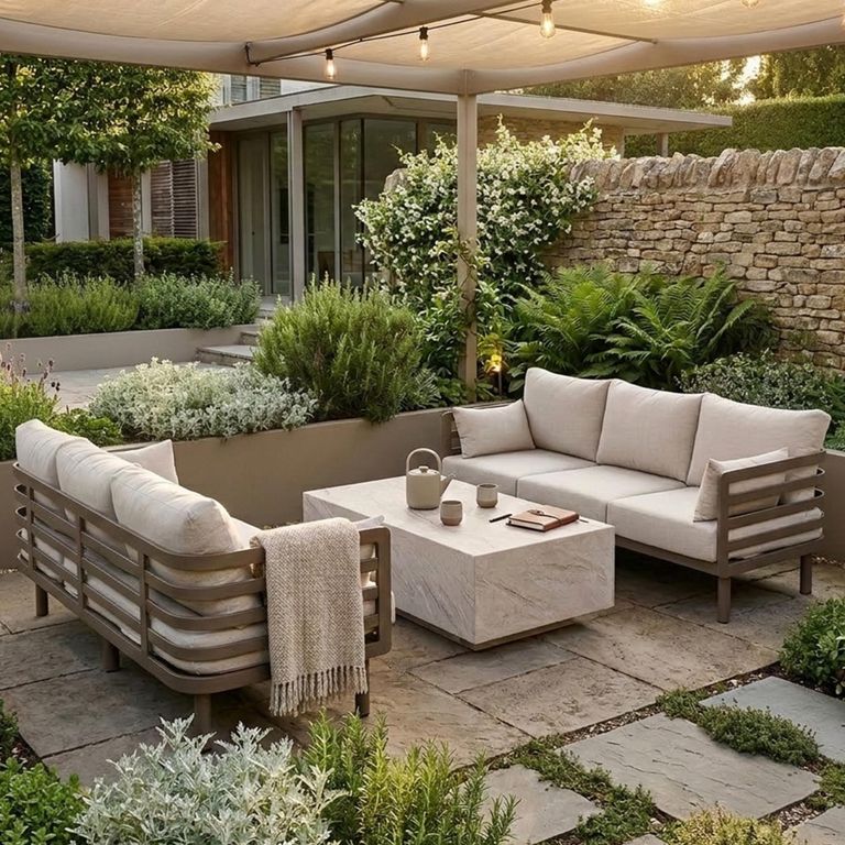 Metro Garden Sofa Set - 6 Seater - Coffee Table - Sintered Stone Top - Cafe