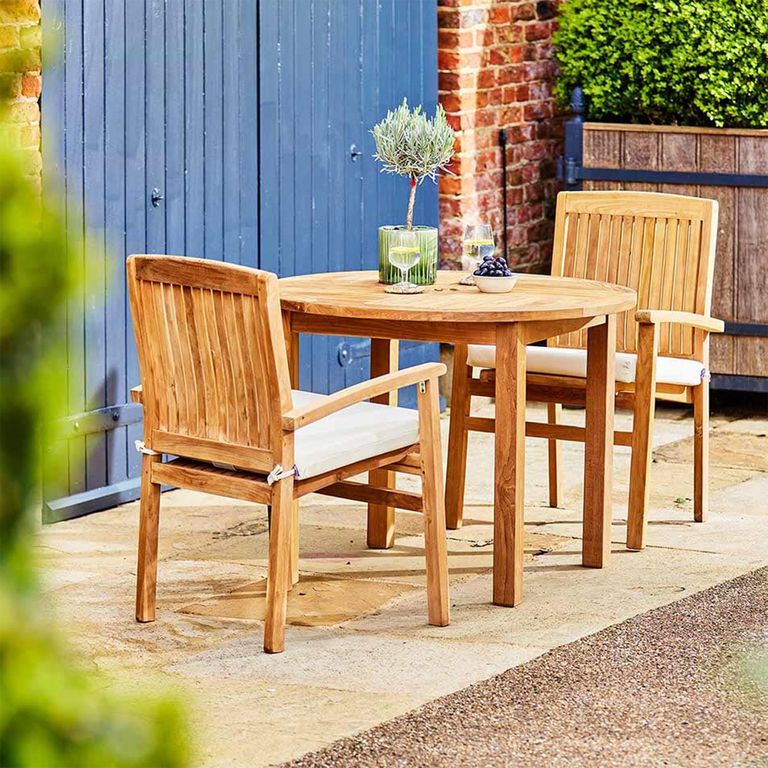 Churn Outdoor Teak Table 100cm and 2 Henley Stacking Chairs
