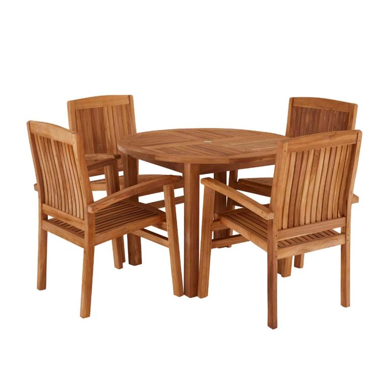 Churn Outdoor Teak Table 100cm and 4 Henley Stacking Chairs