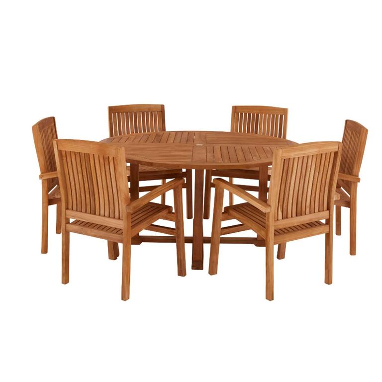 Churn Outdoor Teak Table 160cm and 6 Henley Stacking Chairs