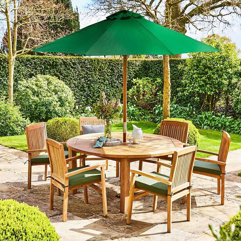 Churn Outdoor Teak Table 160cm and 6 Henley Stacking Chairs