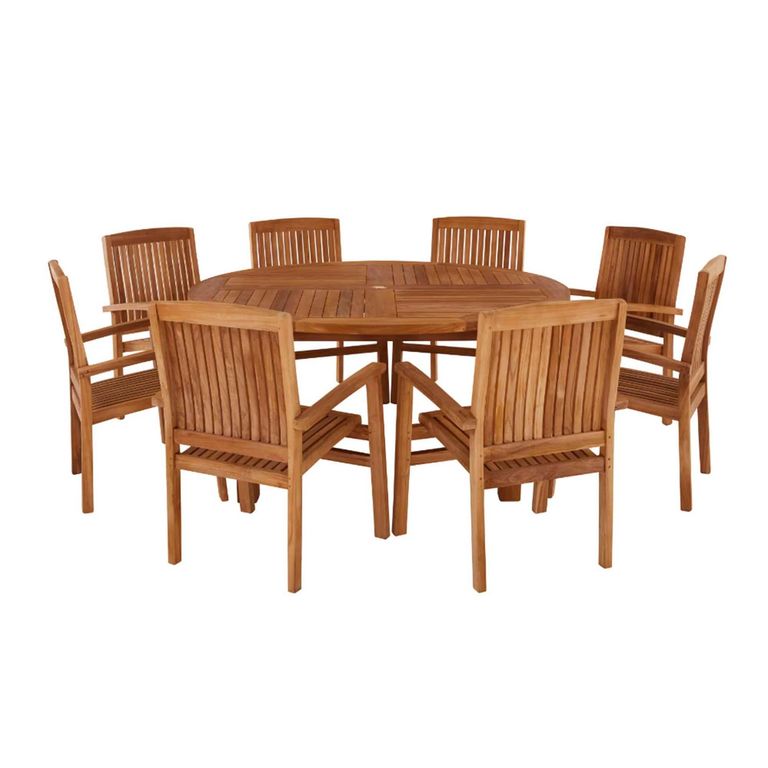 Churn Outdoor Teak Table 160cm and 8 Henley Stacking Chairs