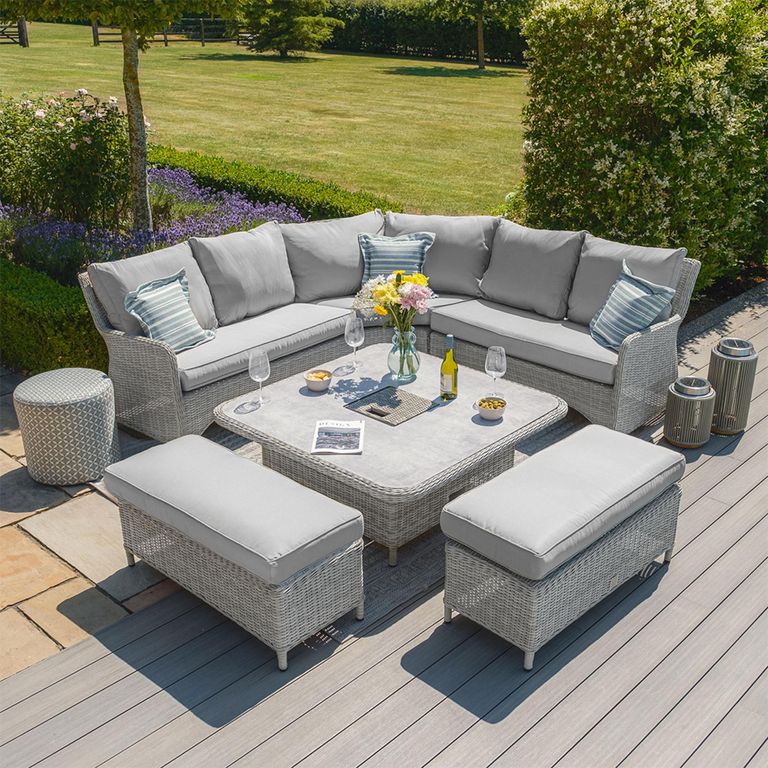 Oxford Royal Corner Garden Dining Sofa Set - Ceramic Top - Grey Rattan