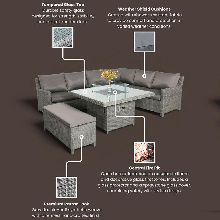 Paris Garden Corner Dining Set - 8 Seater - Square Fire Pit Table - Grey - Rattan