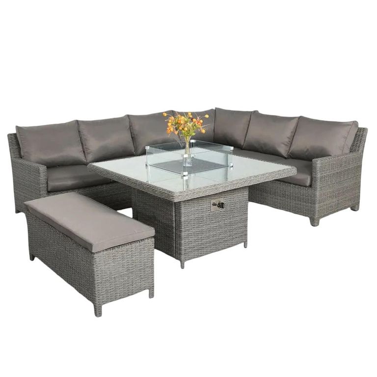 Paris Garden Corner Dining Set - 8 Seater - Square Fire Pit Table - Grey - Rattan