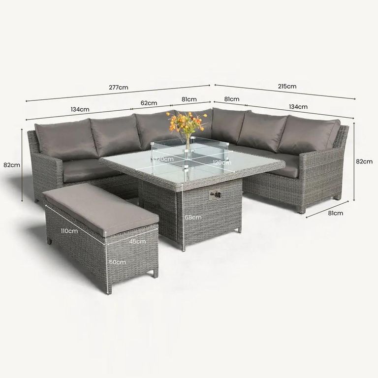 Paris Garden Corner Dining Set - 8 Seater - Square Fire Pit Table - Grey - Rattan