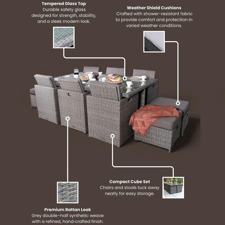 Paris Garden Cube Dining Set - 10 Seater - Grey - Rattan