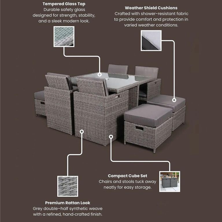 Paris Garden Cube Dining Set - 8 Seater - Grey - Rattan