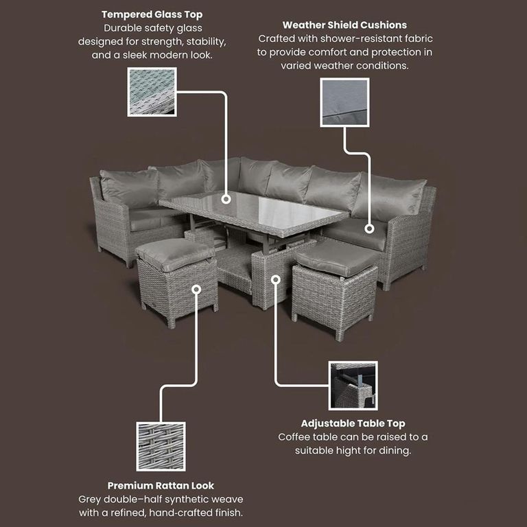 Paris Garden Modular Corner Dining Set - 8 Seater - Deluxe - Grey - Rattan