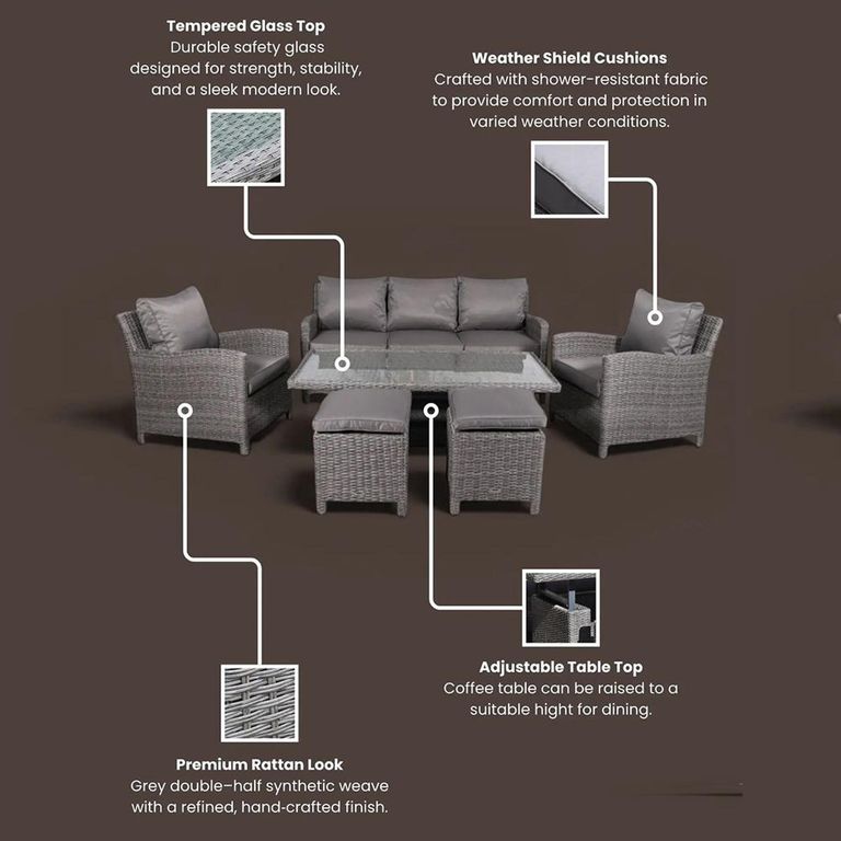 Paris Garden Sofa Dining Set - 7 Seater - Deluxe - Grey - Rattan