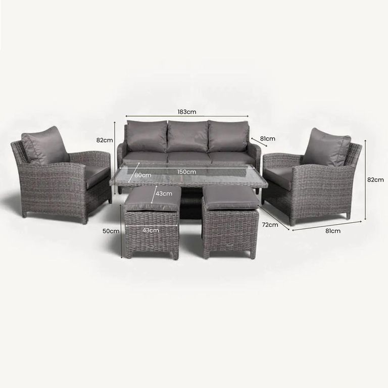 Paris Garden Sofa Dining Set - 7 Seater - Deluxe - Grey - Rattan