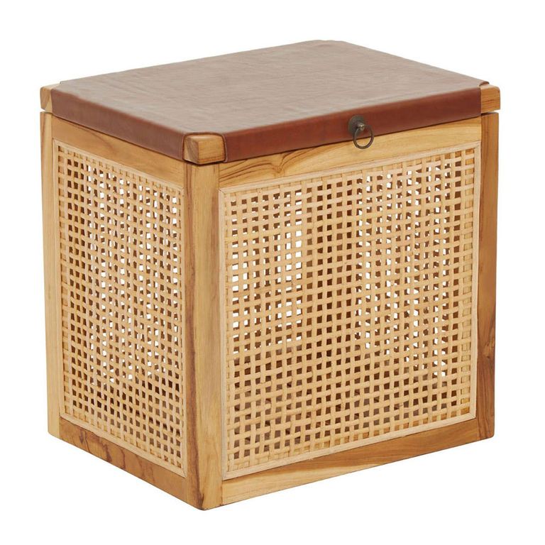 Kendari Storage Box - Brown Leather with Rattan and Teak Wood