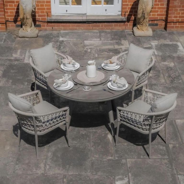 Monaco Round Garden Dining Set - 4 Seater - 120cm - Lazy Susan - Cool Linen