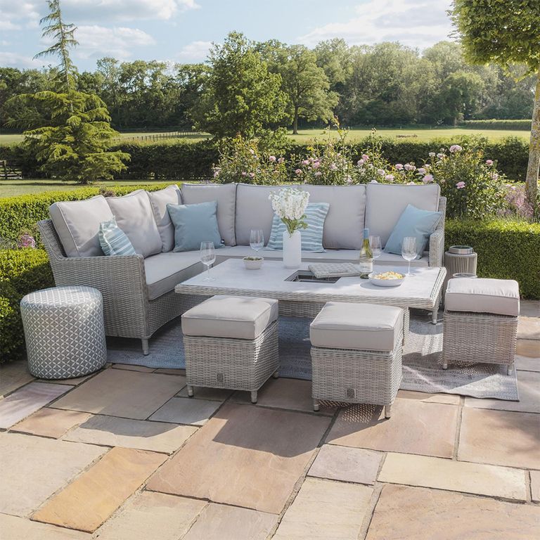 Oxford Corner Garden Dining Set - Rising - 183cm - Ice Bucket - Ceramic Top - Grey Rattan