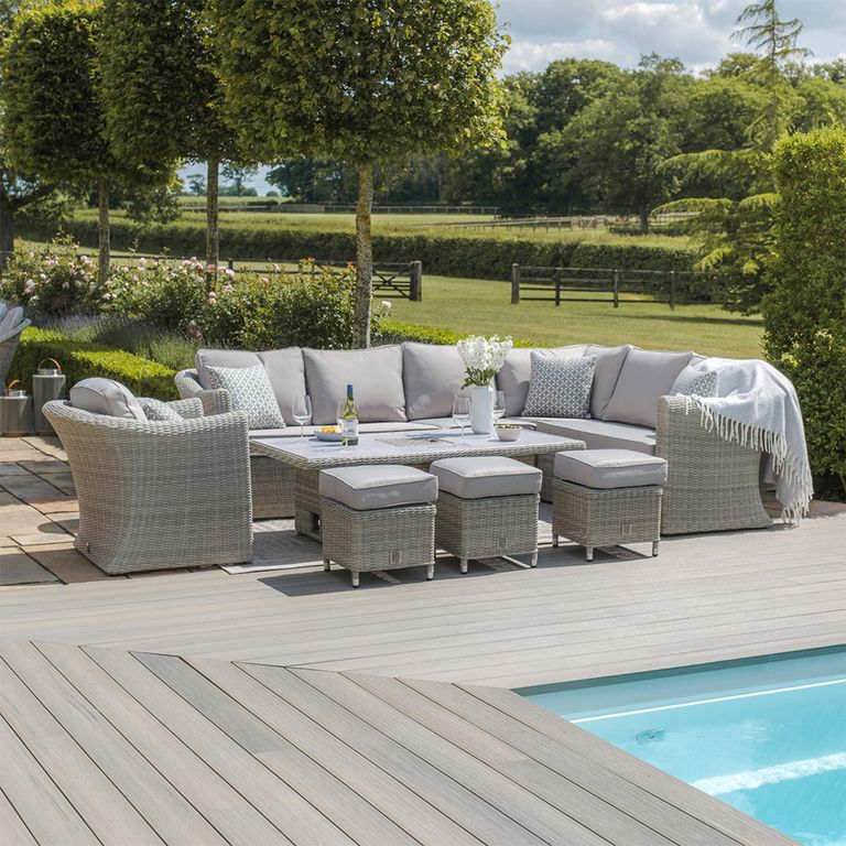 Oxford Deluxe Corner Garden Dining Set - Rising Table & Armchair - Ceramic Top - Grey Rattan