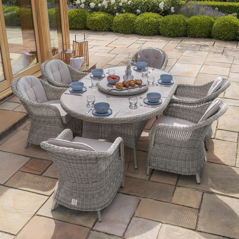 Oxford Heritage Oval Garden Dining Set - 6 Seater - 120cm - Lazy Susan & Ice Bucket - Ceramic Top - Grey Rattan