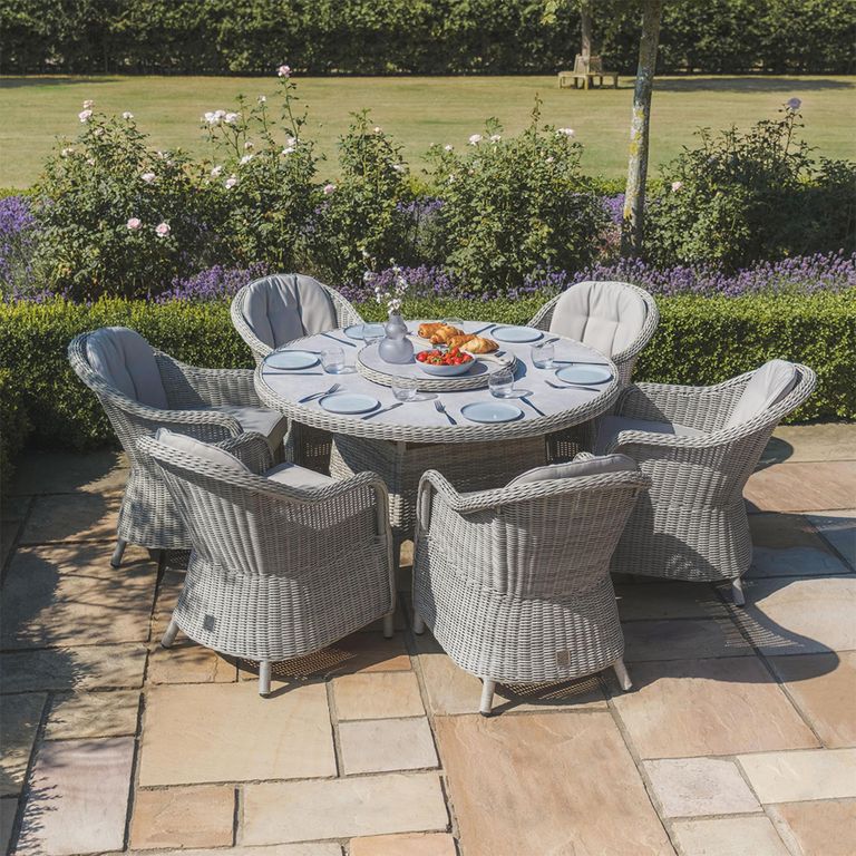 Oxford Heritage Round Garden Dining Set - 6 Seater - 150cm - Lazy Susan & Ice Bucket - Ceramic Top - Grey Rattan