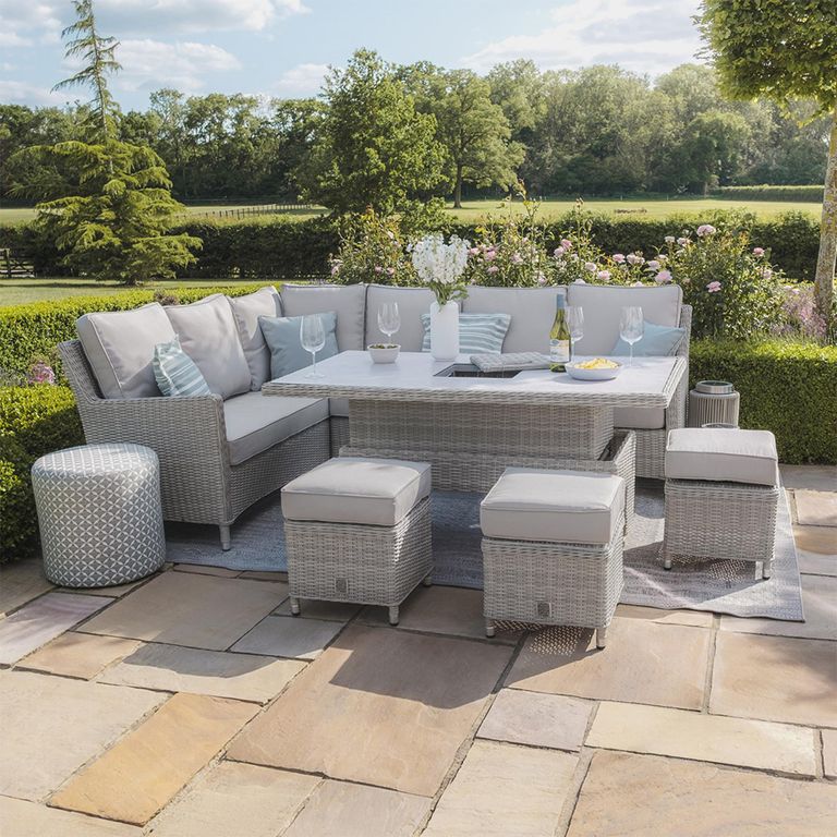 Oxford Corner Garden Dining Set - Rising - 183cm - Ice Bucket - Ceramic Top - Grey Rattan