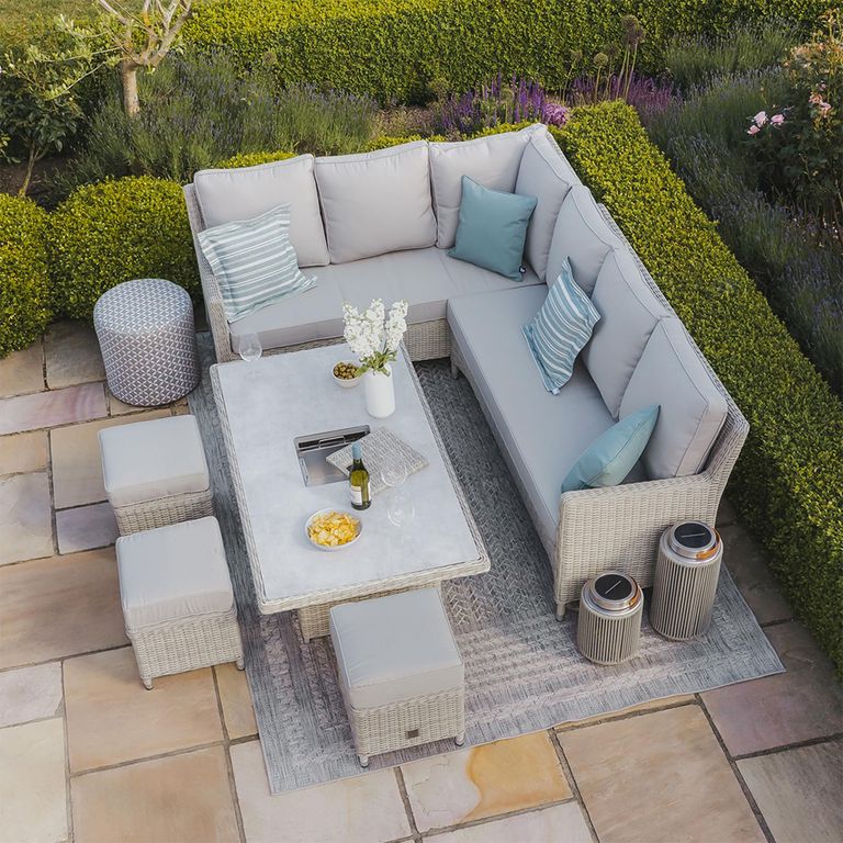 Oxford Corner Garden Dining Set - Rising - 183cm - Ice Bucket - Ceramic Top - Grey Rattan