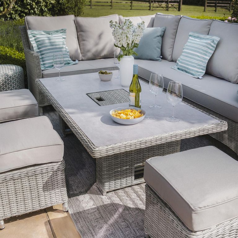 Oxford Corner Garden Dining Set - Rising - 183cm - Ice Bucket - Ceramic Top - Grey Rattan