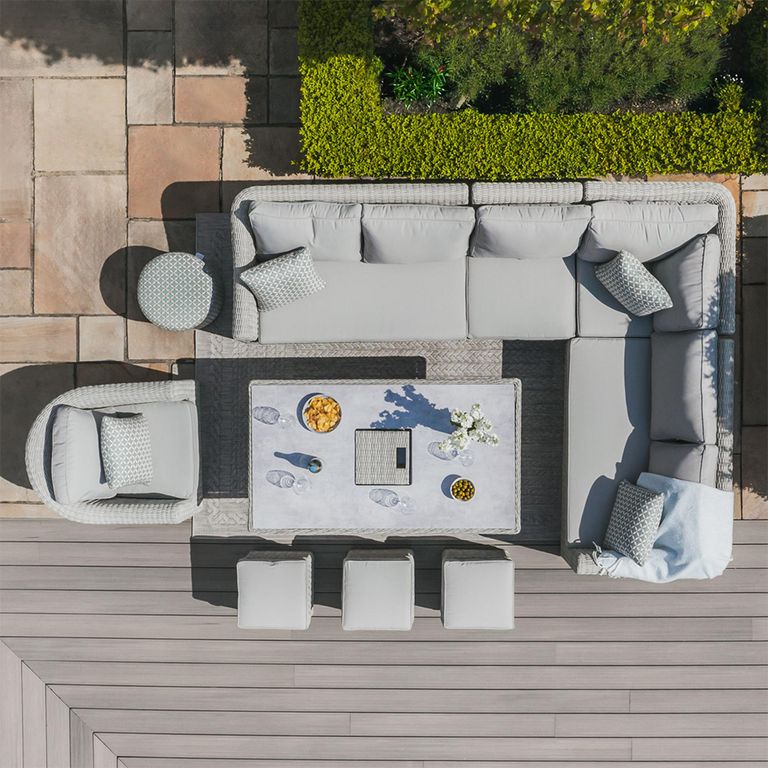 Oxford Deluxe Corner Garden Dining Set - Rising Table & Armchair - Ceramic Top - Grey Rattan