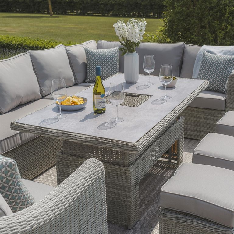 Oxford Deluxe Corner Garden Dining Set - Rising Table & Armchair - Ceramic Top - Grey Rattan