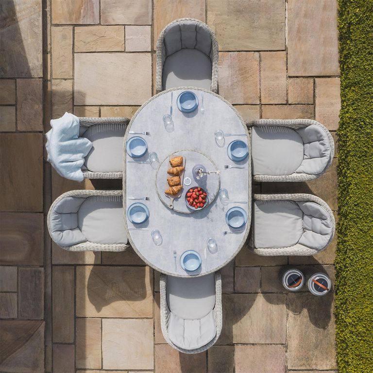 Oxford Heritage Oval Garden Dining Set - 6 Seater - 120cm - Lazy Susan & Ice Bucket - Ceramic Top - Grey Rattan