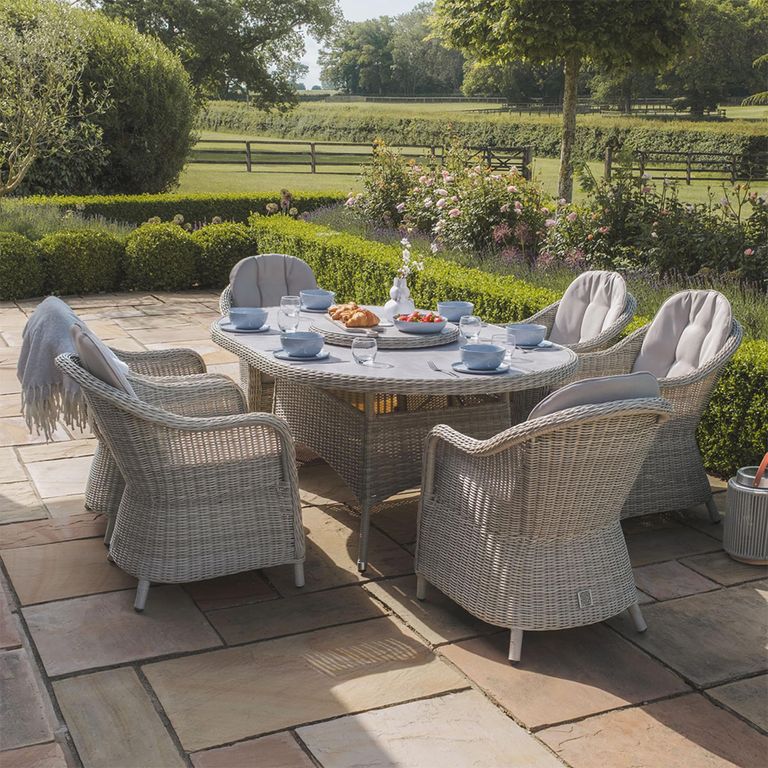 Oxford Heritage Oval Garden Dining Set - 6 Seater - 120cm - Lazy Susan & Ice Bucket - Ceramic Top - Grey Rattan