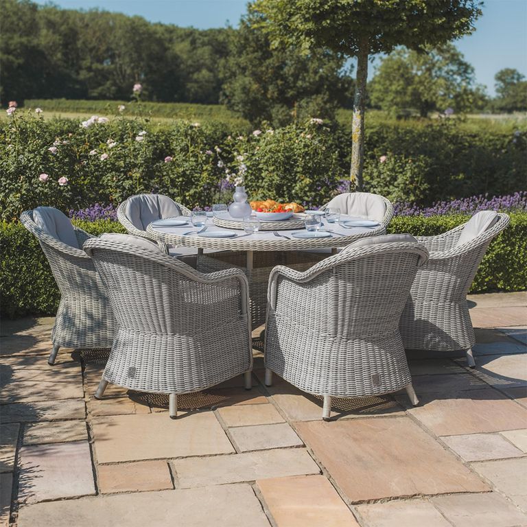 Oxford Heritage Round Garden Dining Set - 6 Seater - 150cm - Lazy Susan & Ice Bucket - Ceramic Top - Grey Rattan