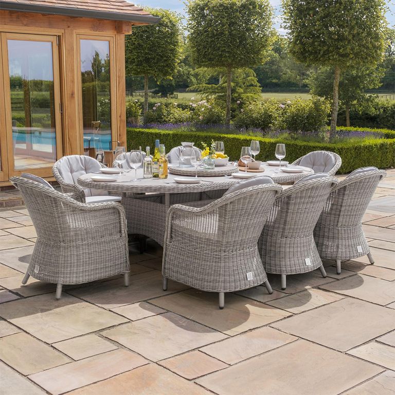Oxford Heritage Oval Garden Dining Set - 8 Seater - 120cm - Lazy Susan & Ice Bucket - Ceramic Top - Grey Rattan