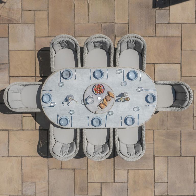 Oxford Heritage Oval Garden Dining Set - 8 Seater - 120cm - Lazy Susan & Ice Bucket - Ceramic Top - Grey Rattan