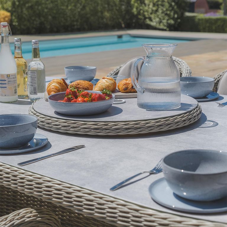 Oxford Heritage Oval Garden Dining Set - 8 Seater - 120cm - Lazy Susan & Ice Bucket - Ceramic Top - Grey Rattan