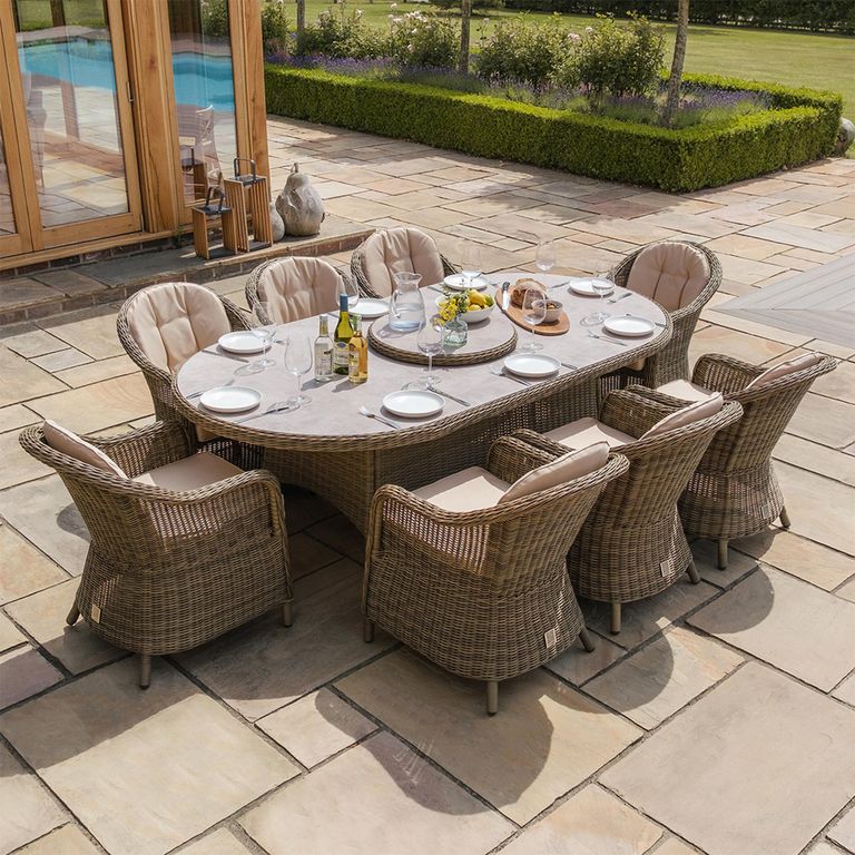 Winchester Oval Garden Dining Set - 8 Seater - 230cm - Lazy Susan - Ceramic Top - Natural Rattan