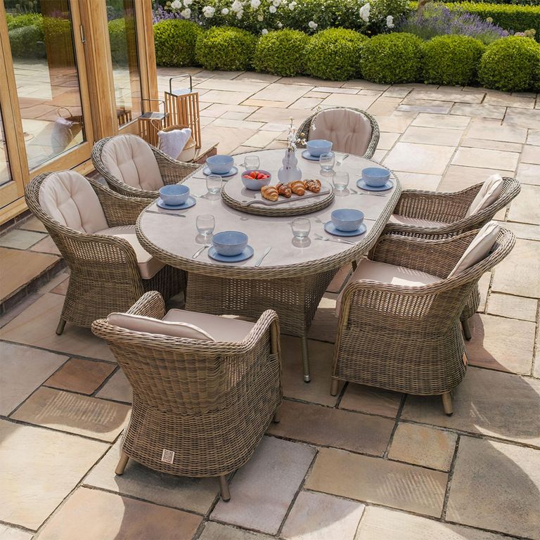 Winchester Oval Garden Dining Set - 6 Seater - 180cm - Lazy Susan - Ceramic Top - Natural Rattan