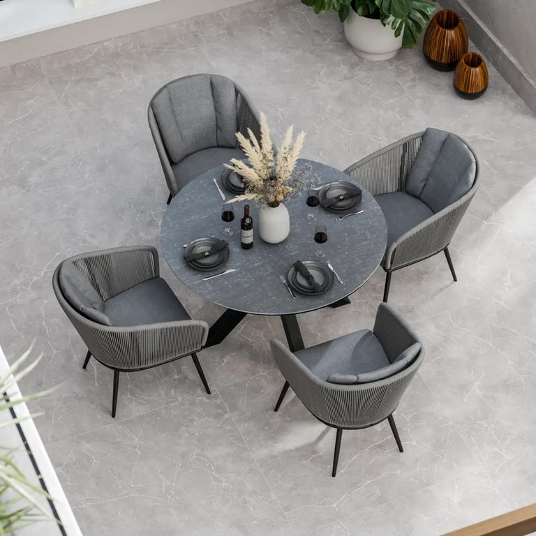 Aspen Garden Dining Set - 4 Seater - 120cm - Round - Ceramic Top - 4 Rope Chairs
