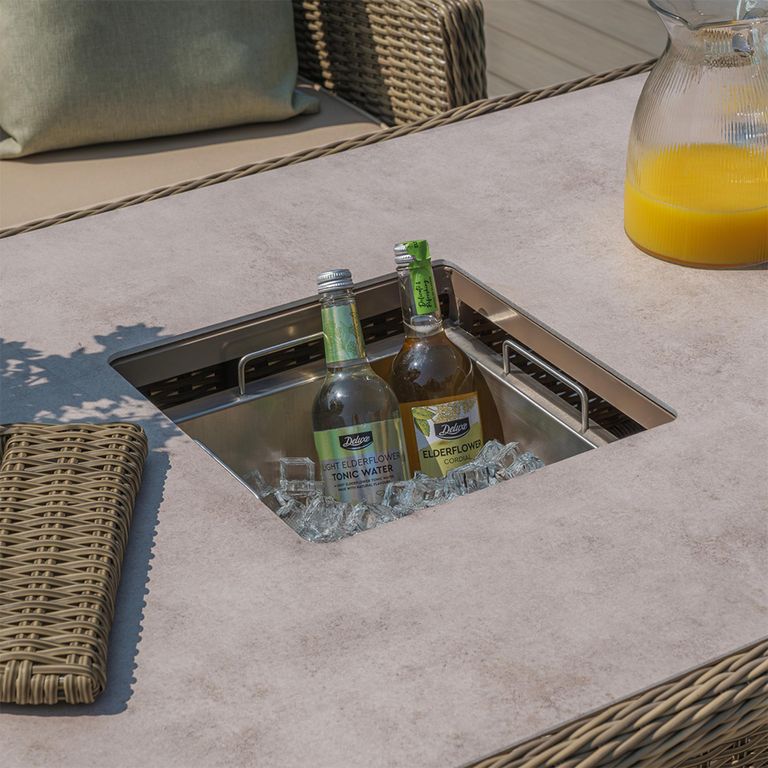 Winchester Deluxe Corner Garden Dining Set - Rising Table - Ceramic Top - Natural Rattan