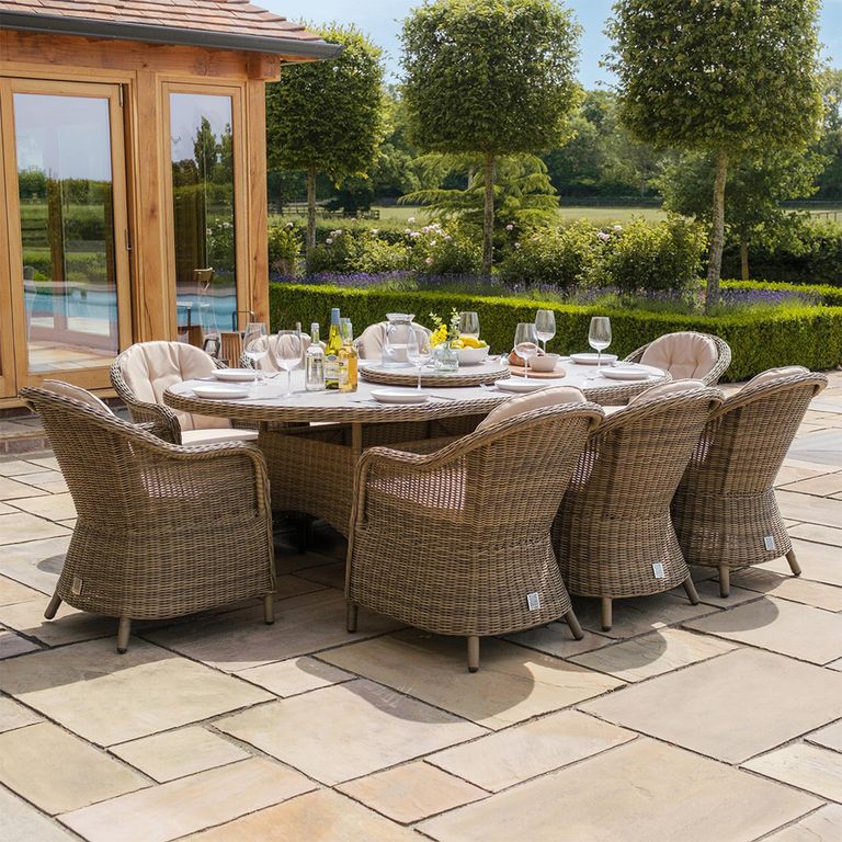 Winchester Oval Garden Dining Set - 8 Seater - 230cm - Lazy Susan - Ceramic Top - Natural Rattan