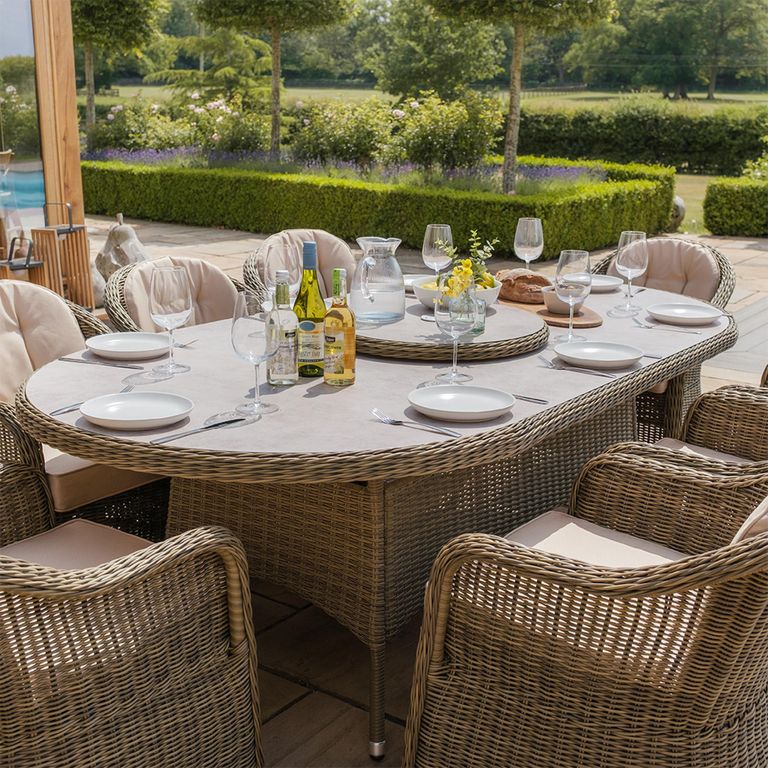 Winchester Oval Garden Dining Set - 8 Seater - 230cm - Lazy Susan - Ceramic Top - Natural Rattan