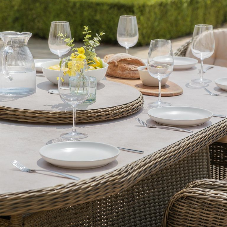 Winchester Oval Garden Dining Set - 8 Seater - 230cm - Lazy Susan - Ceramic Top - Natural Rattan