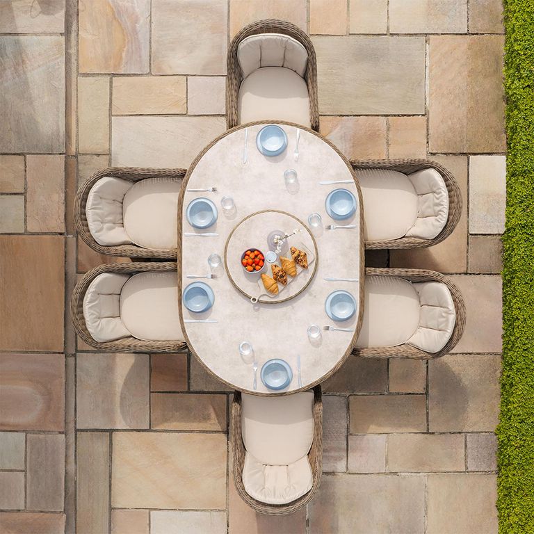 Winchester Oval Garden Dining Set - 6 Seater - 180cm - Lazy Susan - Ceramic Top - Natural Rattan