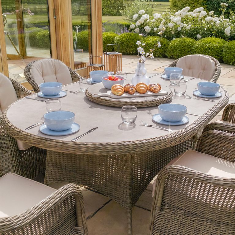 Winchester Oval Garden Dining Set - 6 Seater - 180cm - Lazy Susan - Ceramic Top - Natural Rattan