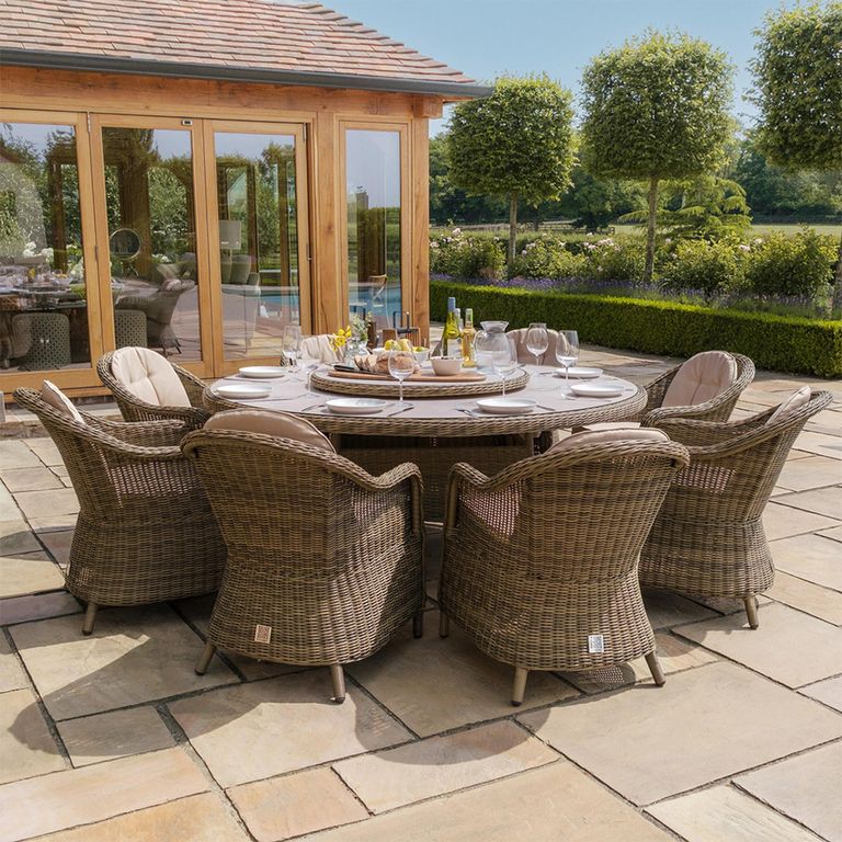 Winchester Round Garden Dining Set - 8 Seater - 180cm - Lazy Susan - Ceramic Top - Natural Rattan