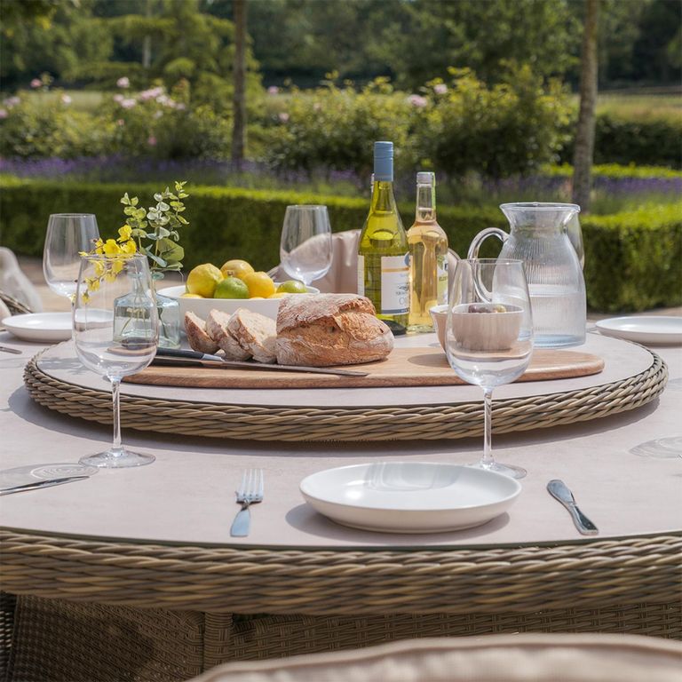 Winchester Round Garden Dining Set - 8 Seater - 180cm - Lazy Susan - Ceramic Top - Natural Rattan