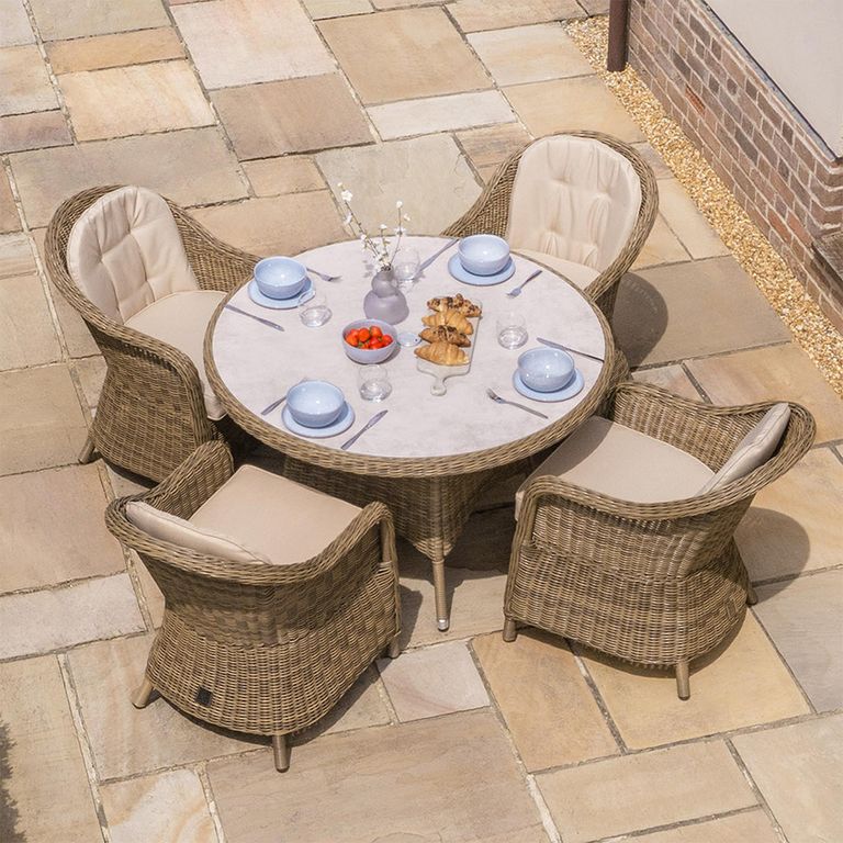 Winchester Round Garden Dining Set - 4 Seater - 120cm - Ceramic Top - Natural Rattan