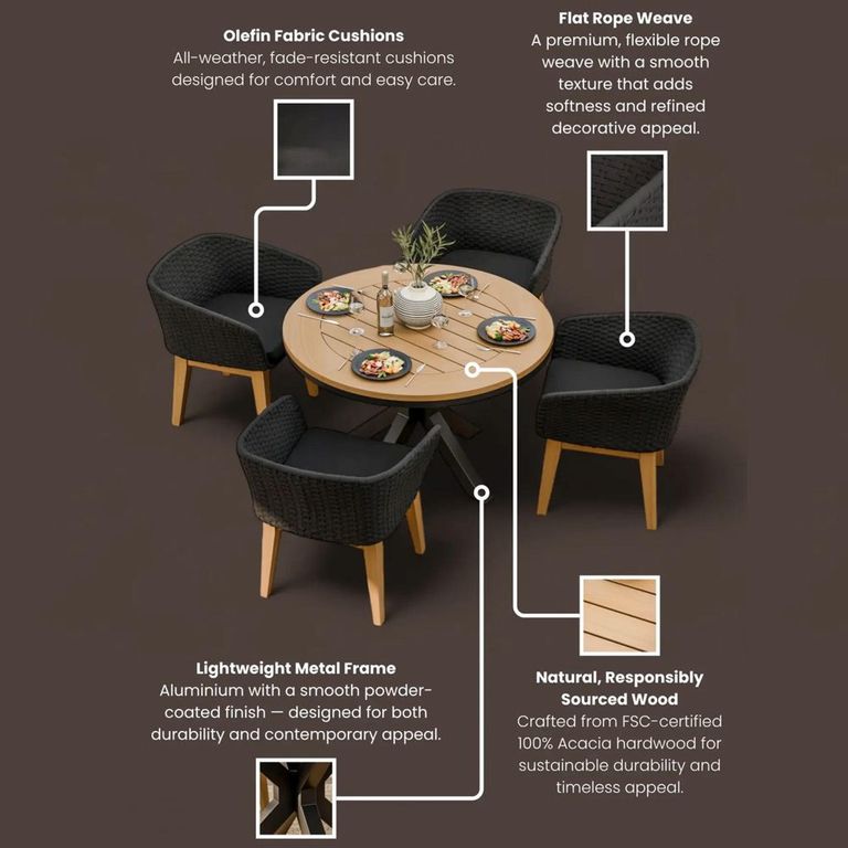 Tuscany Garden Dining Set - 4 Seater - 120cm - Round - Teak Wood - 4 Eden Night Chairs